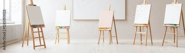Fototapeta Essential School Supplies for a Productive Classroom and Engaging Learning Experience, Empty easels lined up in a bright, minimalistic studio space, ready for artistic creation.