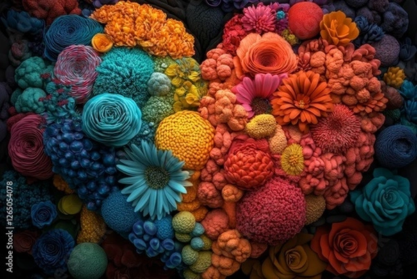 Fototapeta A digital art piece showcasing a heart made of flowers in rainbow colors, contrasted against a dark background, represents the concept of love and acceptance for LGBTQ individuals, including those