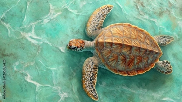 Fototapeta A sea turtle glides effortlessly over tranquil turquoise waters, showcasing its intricate shell patterns against a serene aquatic backdrop.