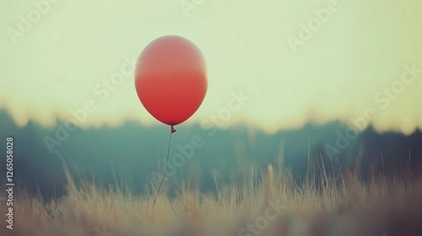 Fototapeta A lone red balloon hovers above a grassy field, its vibrant hue contrasting with the soft dusk light in the background.