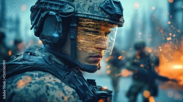 Fototapeta Futuristic soldier with augmented reality interface in combat situation