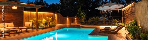 Fototapeta Serene backyard pool with lounge area and soft evening lighting