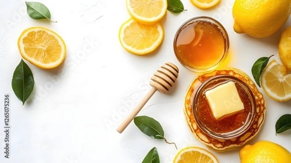 Fototapeta Delicious Pancake Stack with Honey Butter and Fresh Lemon Slices on a Clean White Surface