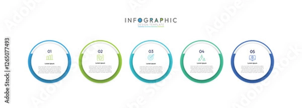 Fototapeta 5 step timeline infographic template with circular Icons, Informative circular process infographic chart for business startup demonstration, Modern infographic design template.