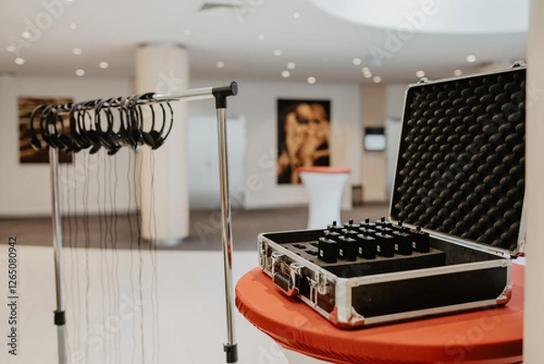 Obraz  A set of professional interpretation headsets neatly arranged on a metal stand alongside a black protective case containing multiple wireless audio receivers in a modern conference hall