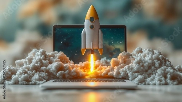 Fototapeta A sleek rocket ascends from a laptop, surrounded by fluffy clouds, embodying the essence of innovation and the limitless potential of imagination and technology.