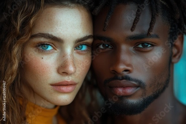 Fototapeta Contrast of ethnic beauty highlighted in a close-up portrait of two diverse individuals
