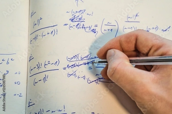 Fototapeta Solving Mathematical Equations – Handwriting in Notebook