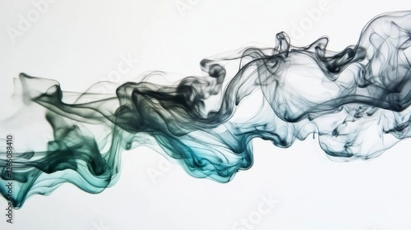 Fototapeta Wispy tendrils of smoke or mist rise and intertwine in an elegant dance against a stark white backdrop, illustrating fluidity and mystery.