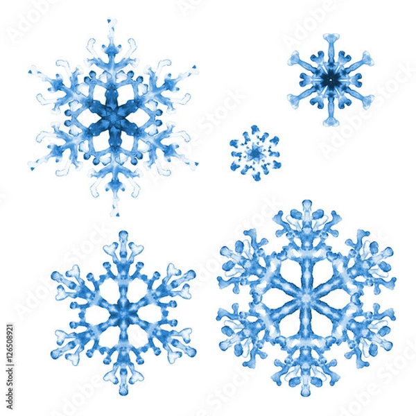 Obraz Set of watercolor snowflakes on white background. Hand-painted pattern
