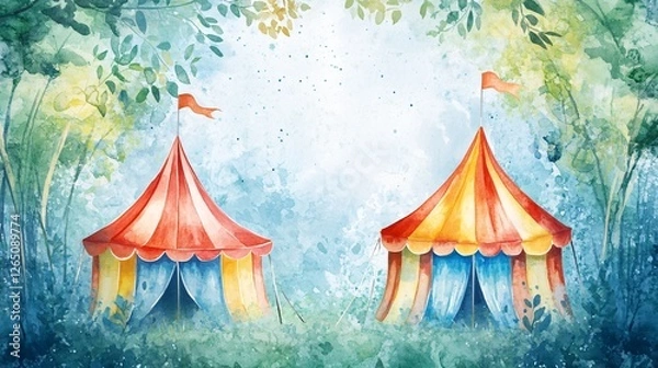Fototapeta Vivid Watercolor Painting Depicts Two Multicolored Circus Tents Pierced by a Strip of Daylight in the Distance