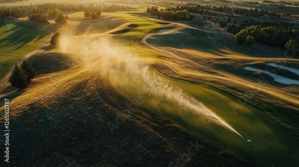 Fototapeta Scenic aerial view of a golf course being watered at sunset with irrigation