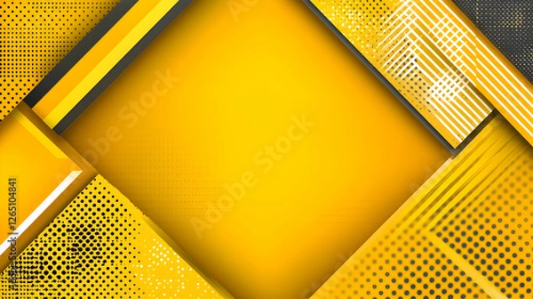 Fototapeta Vibrant yellow abstract background with geometric shapes, halftone patterns, and contrasting black accents, ideal for modern designs.