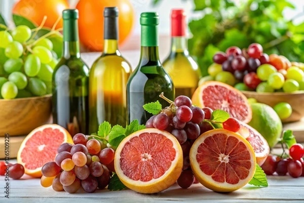 Fototapeta Refreshing Wine Selection: Grapefruit & Grapes on White Table - High-Resolution Stock Photo