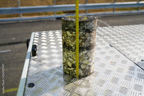 Fototapeta Worker Inspecting Cylindrical Core Sample Cut from Asphalt Road to Evaluate Paving Quality