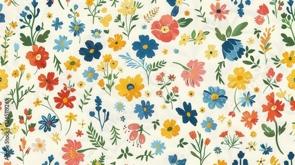 Fototapeta Creative Contemporary Floral Print Illustration Featuring a Seamless Pattern of Vibrant Spring Flowers and Nature Elements. Generative AI