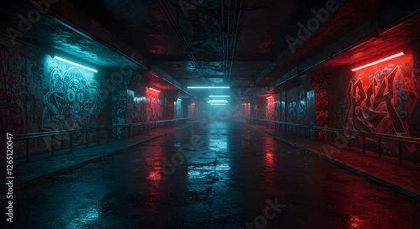 Fototapeta Cyberpunk underpass neon graffiti wet concrete dark moody atmospheric dystopian urban
