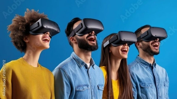 Obraz Group of Diverse Friends Enjoying Virtual Reality Experience with Laughter and Excitement in Bright Blue Background