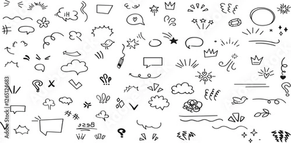 Fototapeta Handdrawn anime manga doodle line elements set.