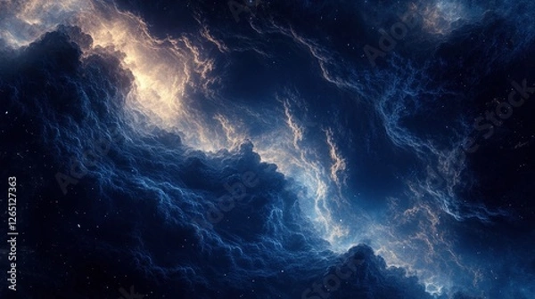 Fototapeta Dramatic cosmic cloudscape with swirling nebulae, glowing gases, and starry backdrop.