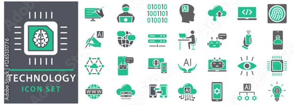 Fototapeta Technology icon set. Containing ai, robotics, biometric, geolocation, cloud computing and automation icon. Set icon collection.