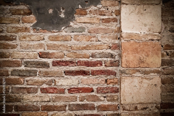 Obraz red brick wall texture grunge background with vignetted corners,