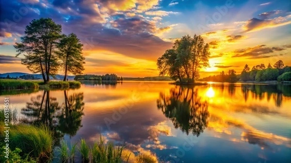 Fototapeta Serene Lakeside Sunset: Golden Hour Reflection on Calm Water