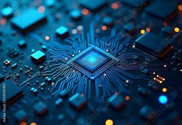 Fototapeta 3D Render: Dark Theme Visualization of Circuit Board CPU Processor Starting Digitalization Process and Information Computing, Processing Bits of Data. Computer Graphics, Special Effects, Image.
