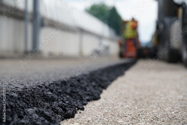 Fototapeta Close-Up Detail of Fresh New Asphalt Layer Edge, Showing Thickness and Even Distribution on Road Surface