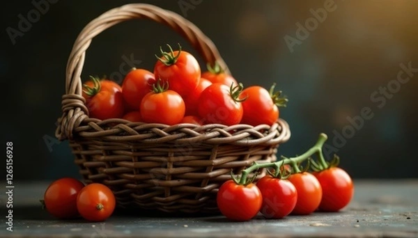 Obraz Rustic basket overflowing with ripe red tomatoes , red, delicious, antioxidant