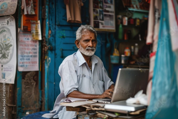Fototapeta horizontal image of a mature indian man seated in his shop in front of a laptop