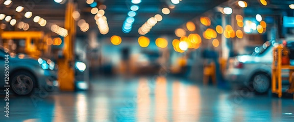 Fototapeta Blurry view of a car repair workshop with illuminated lights and cars in the background, symbolizing the automotive service industry and vehicle maintenance