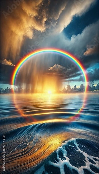 Obraz Ethereal Rainbow Over Ocean at Sunset – Surreal Sky and Waves