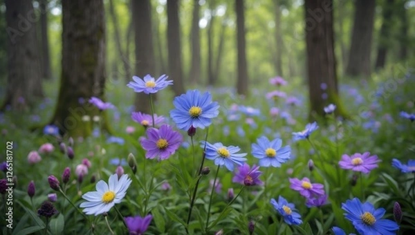 Fototapeta Colorful wildflowers in a lush forest setting with trees in the background and soft natural light Copy Space