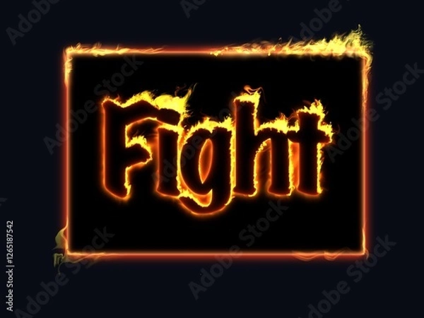 Obraz neon sign. 3d illustration, fire frame with alpha channel. Fire flames on black square frame, black background. illustration alphabet english "fight" black letters with yellow blaze flames color.