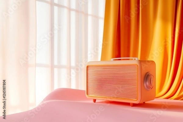 Obraz An old radio on an orange and white background with a soft pink color, a simple background, minimalism, 3D rendering, high-resolution photography, professional lighting, high quality. 