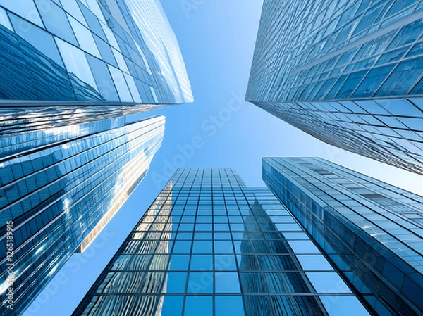 Fototapeta 3D rendering of modern glass skyscrapers, blue sky background, low-angle view, steel structures, futuristic architecture concept