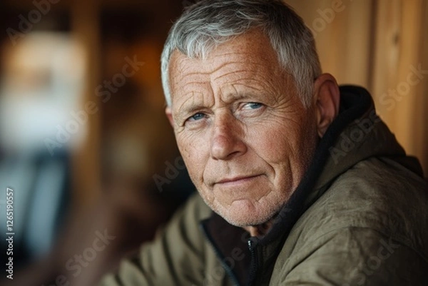 Fototapeta Mature man with silver hair sits thoughtfully indoors in a cozy setting, showcasing wisdom and experience during early evening hours