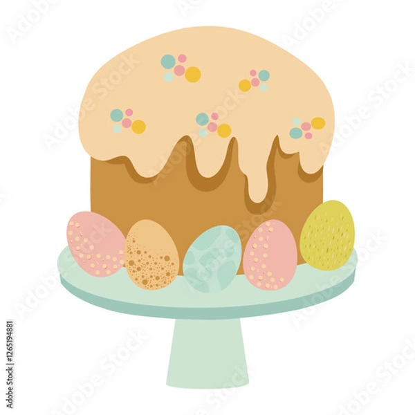 Fototapeta Easter cake with icing and easter eggs on a stand, easter cake vector illustration 