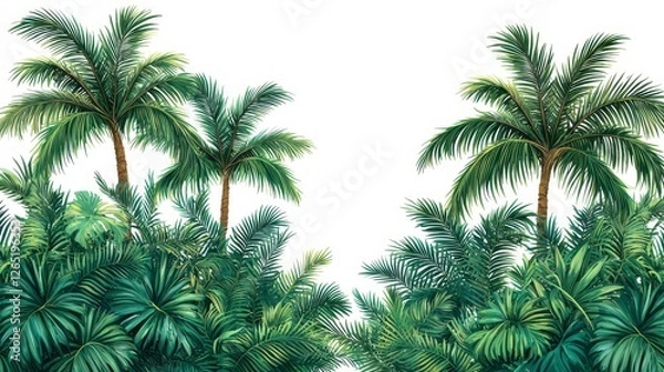 Fototapeta Lush green palms frame a bright, empty space, evoking a tropical paradise and serenity in nature.