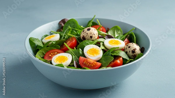 Fototapeta This healthy dish includes a salad with a blend of fresh leaves, tomatoes, and quail eggs, making it an excellent choice for those following vegan or vegetarian lifestyles