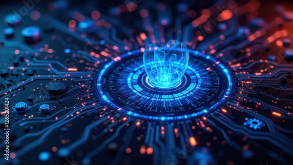 Obraz A futuristic illustration of a cloud-based software system with bright lights representing connectivity and data processing.