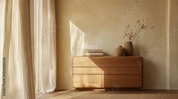Fototapeta Wooden dresser with vases towels and curtains in warm light