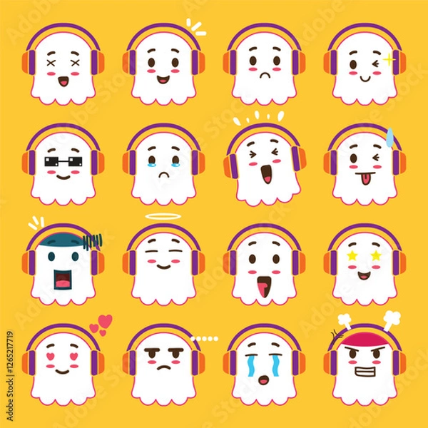 Fototapeta a cute ghost wearing a headset emoticon set for emoji project, design element, or mascot