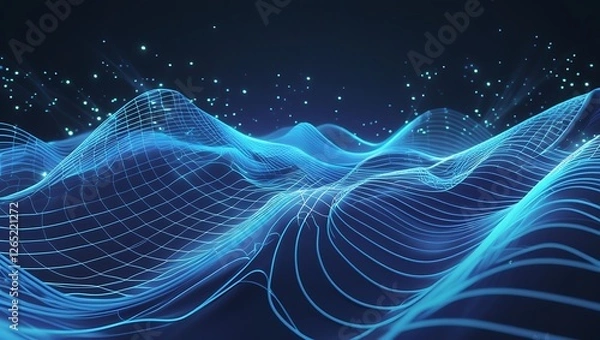 Fototapeta 3D cyber grid background with glowing neon wireframe waves in blue and green, futuristic tech aesthetics, and immersive digital depth.