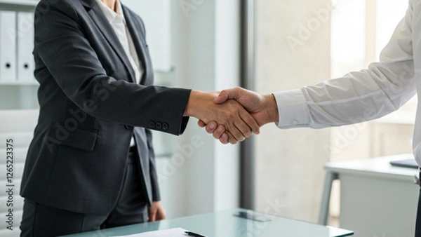 Obraz An intimate perspective of a handshake occurring within a professional office environment