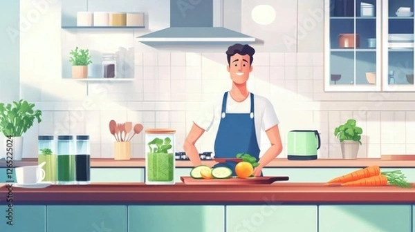 Fototapeta Vegetarian preparing vegan smoothie with rucola, citrus, cucumber in kitchen with carrots on countertop