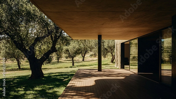 Fototapeta Sun-drenched deck overlooking olive trees, creating a modern architectural oasis in a tranquil, natural setting.