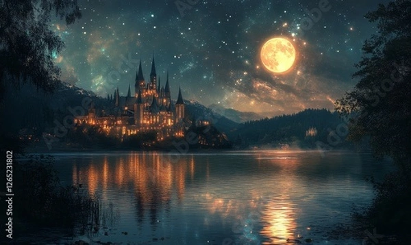 Fototapeta Enchanting Nighttime Castle with Reflective River and Glowing Full Moon under a Starry Sky, Generative AI