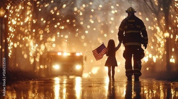 Fototapeta Firefighter and young girl holding american flag city street heartwarming scene evening ambiance side view tribute to courage and community
